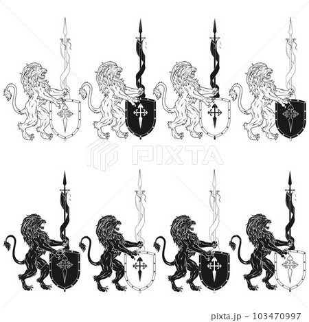 Vector design of lion with pennant and shield Vector design of lion with pennant and shield 103470997