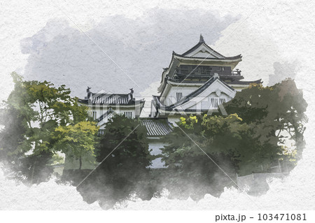 水彩画風　岡崎城　天守　愛知県岡崎市 103471081