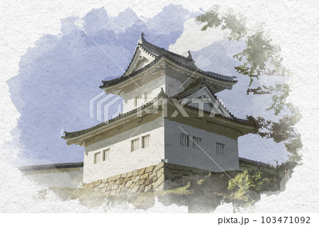 水彩画風　岡崎城　東隅櫓　愛知県岡崎市 103471092