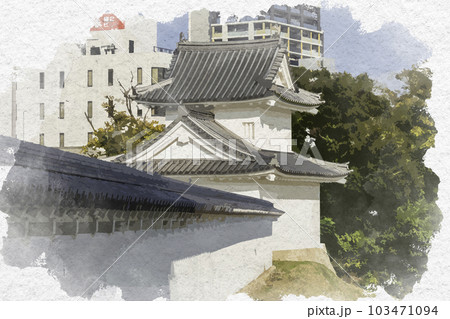 水彩画風　岡崎城　東隅櫓　愛知県岡崎市 103471094