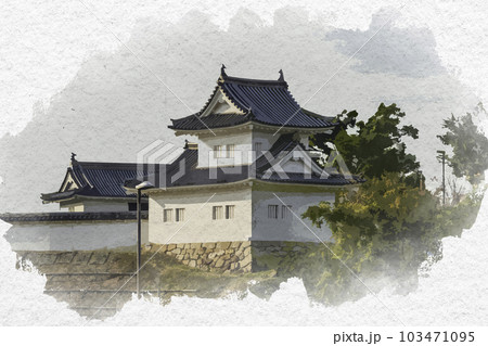 水彩画風　岡崎城　東隅櫓　愛知県岡崎市 103471095