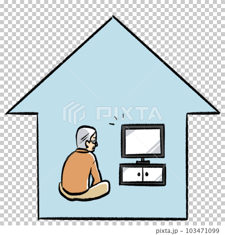 A hand-drawn illustration of a grandpa watching TV at home 103471099
