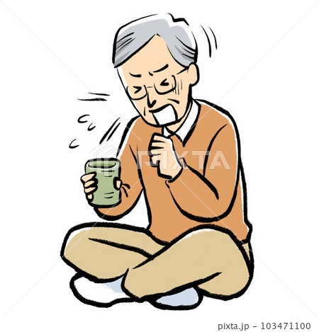 飲み物を喉につまらせてむせるおじいちゃんの手書き風イラスト 103471100