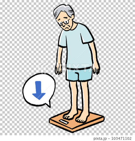 体重が減少して落ち込むおじいちゃんの手書き風イラスト 103471102