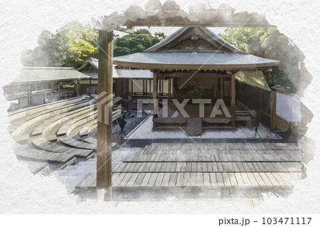 水彩画風　岡崎城　二の丸能楽堂　愛知県岡崎市 103471117