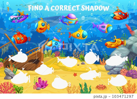 Cartoon underwater landscape with submarine and bathyscaphe. Find a correct shadows kids game quiz. Vector puzzle worksheet of matching underwater ship and boat silhouettes, sea water fish, animals Cartoon underwater landscape with submarine and bathyscaphe. Find a correct shadows kids game quiz. Vector puzzle worksheet of matching underwater ship and boat silhouettes, sea water fish, animals 103471297
