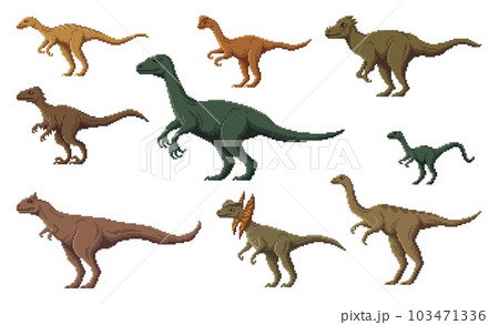 Pixel dinosaur characters. 8 bit pixel art game dino animals. Gallimimus, Therizinosaurus, Troodon and Oviraptor, Compsognathus, Pachycephalosaurus vector pixel dinosaur, extinct reptile animal 103471336