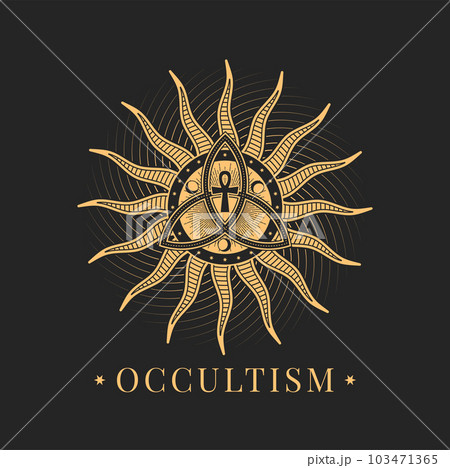 Occultism and magic, esoteric astrology icon. Triquetra, ankh, moon crescent and sun rays symbols, tarot magic sign. Witchcraft circle icon, mason tattoo or occult emblem, alchemy esoteric seal 103471365