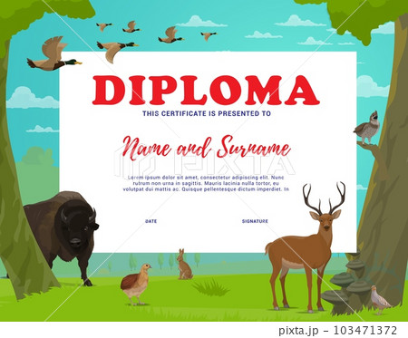 Hunting, environment, world animal day diploma. Hunting sport certificate, hunter trophy competition winner achievement vector diploma. Hunter award with buffalo and deer, hare and rabbit, duck, quail Hunting, environment, world animal day diploma. Hunting sport certificate, hunter trophy competition winner achievement vector diploma. Hunter award with buffalo and deer, hare and rabbit, duck, quail 103471372