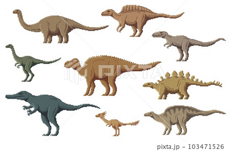 Pixel dinosaur characters. 8 bit pixel art game dino animals. Ouranosaurus, Probactrosaurus, Suchomimus and Alectrosaurus, Alvarezsaurus, Aralosaurus prehistoric reptiles, vector pixel dinosaurs Pixel dinosaur characters. 8 bit pixel art game dino animals. Ouranosaurus, Probactrosaurus, Suchomimus and Alectrosaurus, Alvarezsaurus, Aralosaurus prehistoric reptiles, vector pixel dinosaurs 103471526