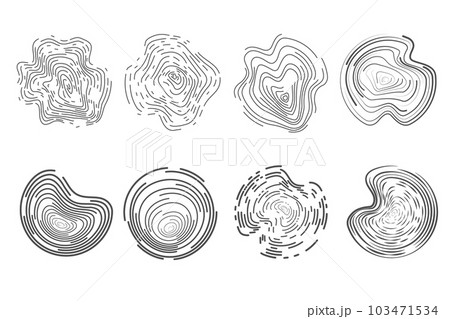 Linear wooden tree rings pattern. Topography circles with map texture. Circular wavy shapes. Abstract outline trunk rounds 103471534