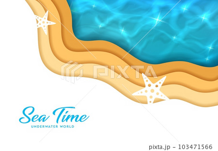 Sea wave paper cut banner, beach with starfish on sand, vector papercut background. Sea or ocean underwater world, undersea adventure banner with paper cutout layers of beach sand and water waves 103471566
