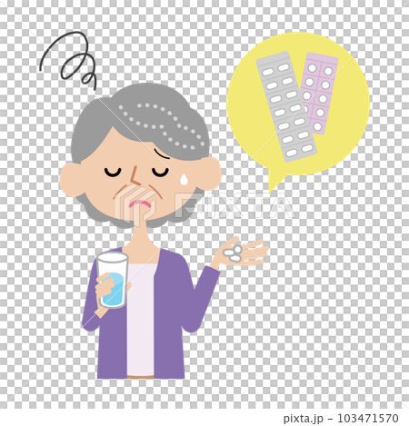 Senior woman who is not good at taking medicine Senior woman who is not good at taking medicine 103471570