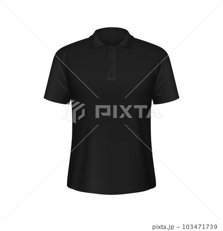 Black male polo shirt realistic 3d vector mockup. Classic wardrobe staple, versatile for casual or formal occasions, comfortable cotton fabric, short-sleeved with collar and buttons front view Black male polo shirt realistic 3d vector mockup. Classic wardrobe staple, versatile for casual or formal occasions, comfortable cotton fabric, short-sleeved with collar and buttons front view 103471739
