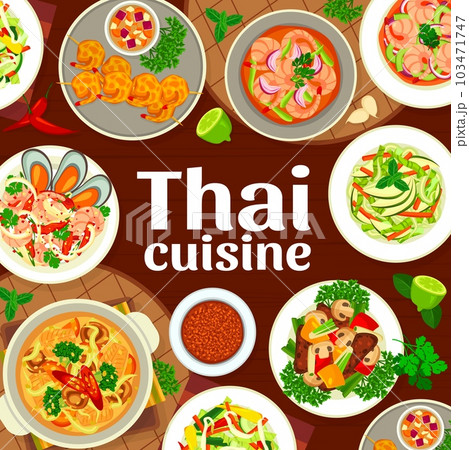 Thai cuisine menu cover page template. Battered prawns, salad with soybean sprouts and fish soup, beef and vegetable stir fry, Panang curry, seafood shrimp and vegetable and fruit salads 103471747