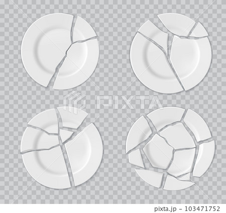 Ceramic broken plates with cracks. White porcelain shattered kitchenware, 3d realistic vector broken plates with sharpe fragments, restaurant dishware or tableware split on pieces 103471752