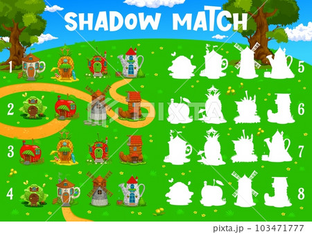 Shadow match of fairytale cartoon buildings. Vector kids worksheet game with fantasy house silhouettes. Apple, strawberry, watering can, cabbage, boot and cup and pineapple on green meadow in forest 103471777