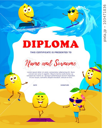 Kids diploma. Cartoon lemon characters on summer beach vacation vector certificate of school education with happy citrus fruit personages background frame. Lemons with surfboard, jet ski and cocktail 103471836