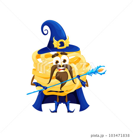 Cartoon Halloween italian pasta wizard character. Isolated vector tagliatelle personage looks enchanting and mysterious. Witch macaroni wearing blue festive costume while wielding a magical staff Cartoon Halloween italian pasta wizard character. Isolated vector tagliatelle personage looks enchanting and mysterious. Witch macaroni wearing blue festive costume while wielding a magical staff 103471838