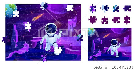 Cartoon space jigsaw puzzle game pieces. Astronaut on planet surface. Part find worksheet, block connect vector puzzle quiz with cosmonaut character in outerspace, solar system planet and meteorite 103471839