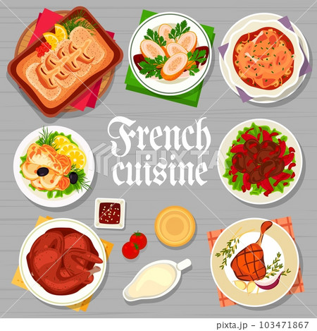 French cuisine menu cover page design. Rabbit stew, fish Sole Meuniere and chicken stewed in wine, duck confit, chicken liver and baked cod with Bechamel sauce, chicken supreme with champagne sauce 103471867