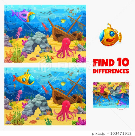 Find ten differences on sea underwater landscape. Cartoon vector kids game worksheet with octopus, sunken ship, submarine and jellyfish on ocean bottom. Educational children riddle, leisure activity 103471912