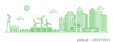 Eco city landscape with green energy plant and urban cityscape. Vector ecology and environment friendly infrastructure of modern city with skyscrapers, solar panels, wind turbines, electric car, bus 103471913