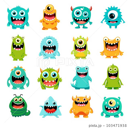 Cartoon monster characters, cute funny alien animals with cyclops eye, kids vector emoji. Little creatures or comic mutant mascots with smile and happy face, devil trolls or silly goblins and gremlins Cartoon monster characters, cute funny alien animals with cyclops eye, kids vector emoji. Little creatures or comic mutant mascots with smile and happy face, devil trolls or silly goblins and gremlins 103471938