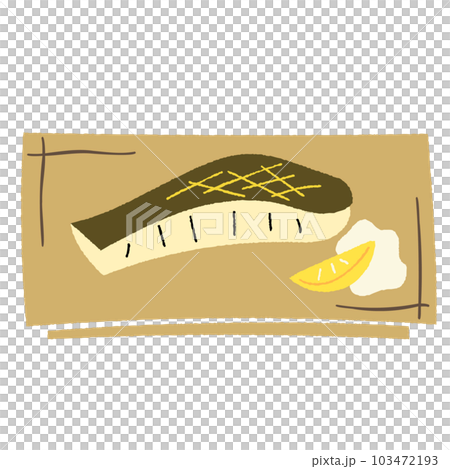 Hand-drawn vector illustration of grilled white fish and condiments (grated radish and lemon) on a square plate 103472193