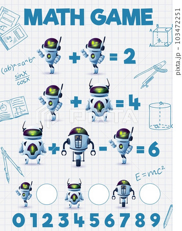 Cartoon robots and droids, math game worksheet quiz or kids vector puzzle. Android robots and AI robotic droid characters in math game for addition and subtraction counting skills or math game quiz Cartoon robots and droids, math game worksheet quiz or kids vector puzzle. Android robots and AI robotic droid characters in math game for addition and subtraction counting skills or math game quiz 103472251
