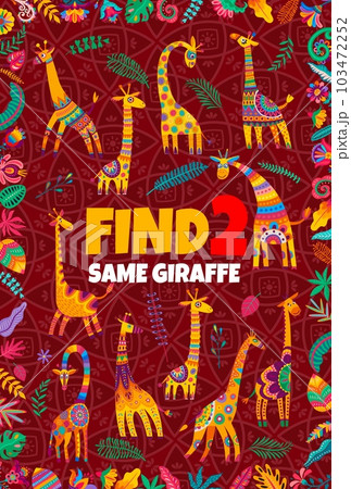 Find two same African giraffes on kids game worksheet, vector puzzle quiz. Funny giraffes and African savanna animals with jungle flowers on puzzle quiz to find two same objects, riddle game worksheet 103472252