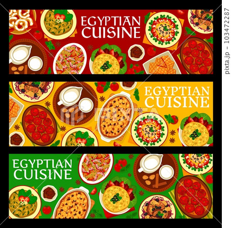 Egyptian cuisine food horizontal banners with traditional dishes and meals, vector. Egyptian cuisine restaurant menu with traditional lunch and dinner, lamb meat with artichokes and pepper tuna salad Egyptian cuisine food horizontal banners with traditional dishes and meals, vector. Egyptian cuisine restaurant menu with traditional lunch and dinner, lamb meat with artichokes and pepper tuna salad 103472287