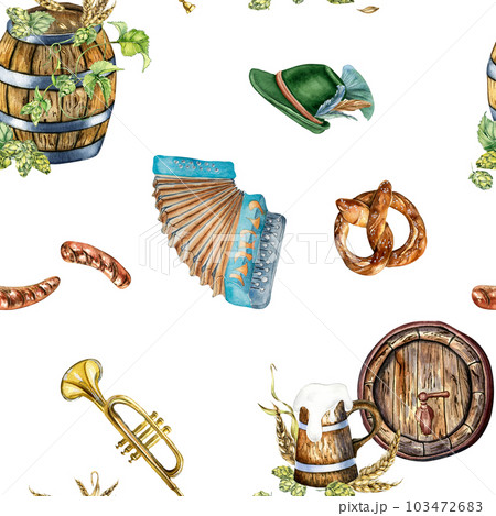 Wooden barrel, pint of beer, german hat, accordion, hop vine watercolor seamless pattern isolated on white. Pretzel, wheat ear hand drawn. Design for beer festival, brewing, wrapping, background 103472683