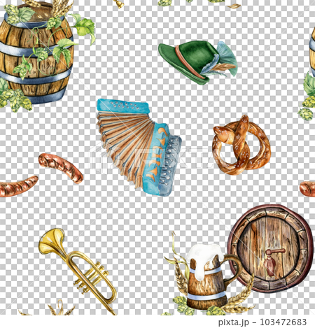 Wooden barrel, pint of beer, german hat, accordion, hop vine watercolor seamless pattern isolated on white. Pretzel, wheat ear hand drawn. Design for beer festival, brewing, wrapping, background 103472683