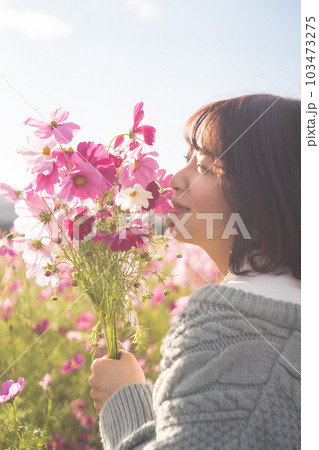 コスモス畑で花束を持って立つ女性 103473275