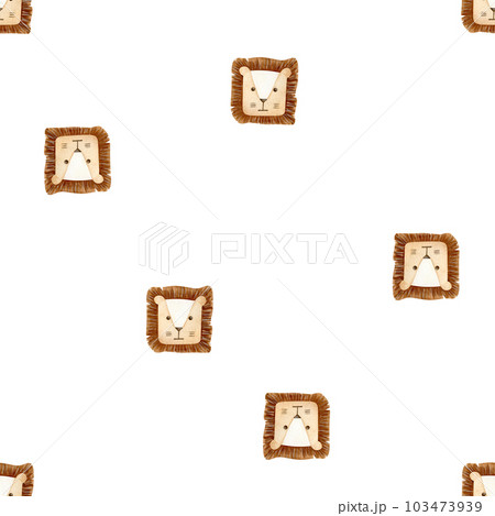 Cute head baby lion seamless pattern. The face of king of animal in Scandinavian style. Simple repeated background. Hand drawn watercolor illustration for fabric, baby textile and wrapping paper 103473939