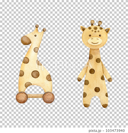 Set of stuffed and wooden giraffe baby toys. Cute cartoon safari animal. Welcome baby newborn. Hand drawn watercolor illustration for poster, invitation, baby shower, tags, printing Set of stuffed and wooden giraffe baby toys. Cute cartoon safari animal. Welcome baby newborn. Hand drawn watercolor illustration for poster, invitation, baby shower, tags, printing 103473940