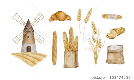 Set of Windmill tower on wheat field with flour sack, croissant, Crispy French baguettes in craft bag with bunch of spikelets of wheat, rye, grains and sliced fresh bread. Hand drawn watercolor 103474359