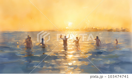 海辺で遊ぶ人たちのイラスト、AI生成画像 103474741