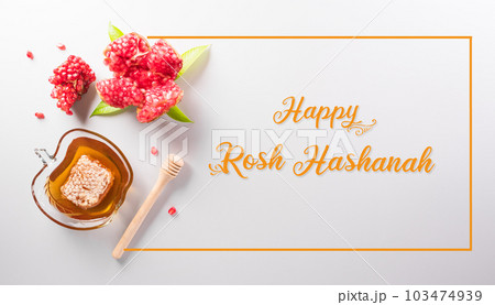 Rosh hashanah (Jewish New Year holiday), Concept of traditional or religion symbols with the text on pastel background. 103474939