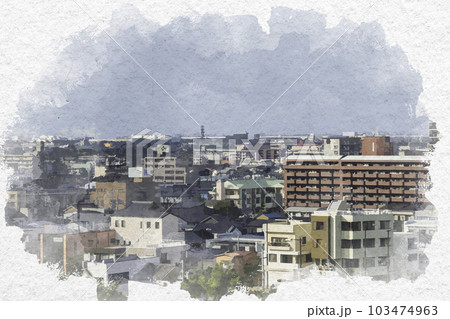 水彩画風 岡崎城からスリーエイト北町伊豫田マンションを望む 愛知県岡崎市 水彩画風 岡崎城からスリーエイト北町伊豫田マンションを望む 愛知県岡崎市 103474963