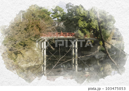 水彩画風　岡崎城　神橋　愛知県岡崎市 103475053