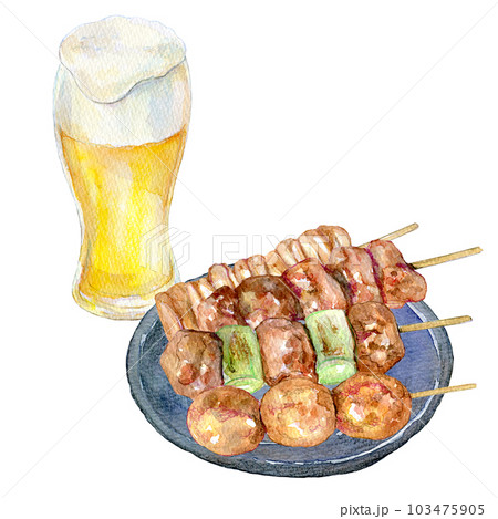 焼き鳥とビールのセット 水彩イラスト 焼き鳥とビールのセット 水彩イラスト 103475905