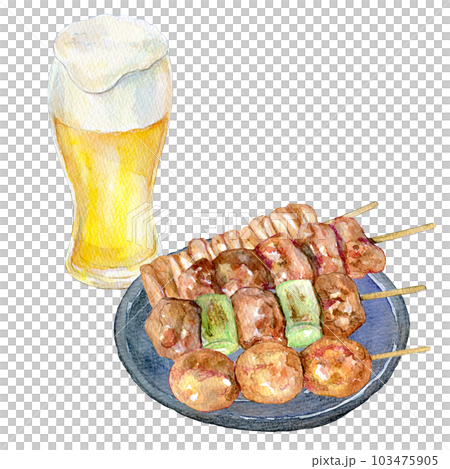 焼き鳥とビールのセット 水彩イラスト 焼き鳥とビールのセット 水彩イラスト 103475905