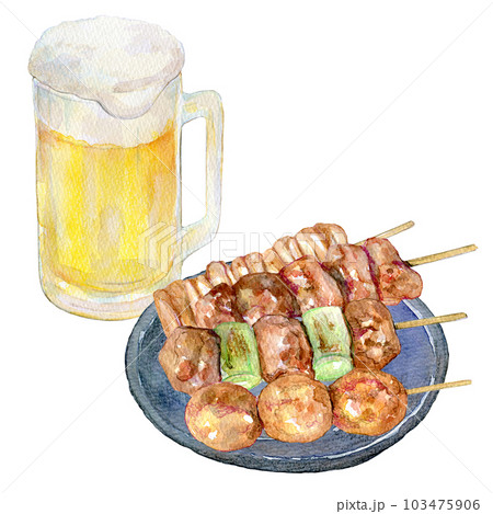 焼き鳥とビールのセット　水彩イラスト 103475906