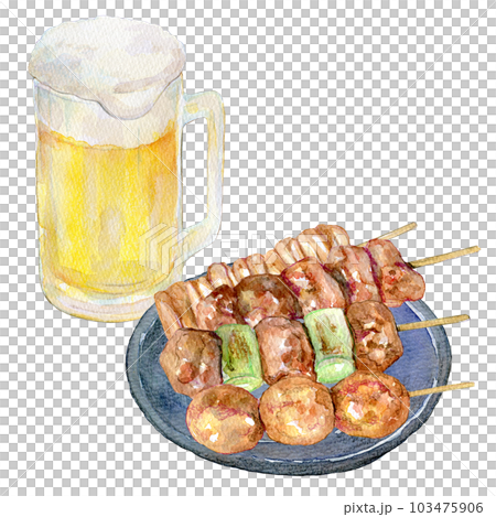 焼き鳥とビールのセット　水彩イラスト 103475906