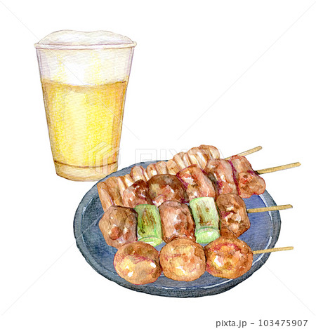 焼き鳥とビールのセット　水彩イラスト 103475907