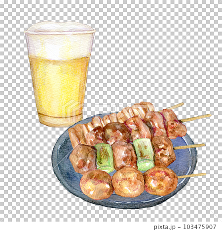 焼き鳥とビールのセット　水彩イラスト 103475907