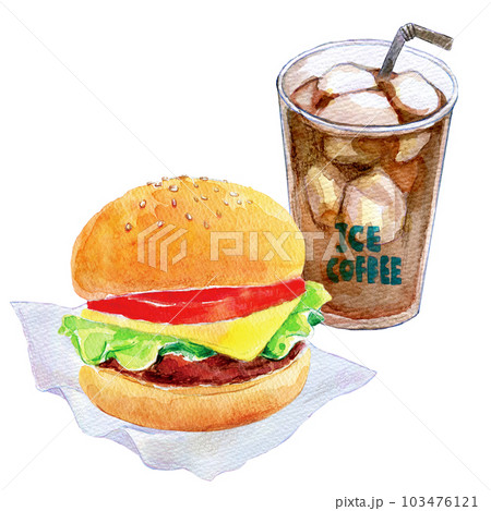 ハンバーガーとドリンクのセット 水彩イラスト ハンバーガーとドリンクのセット 水彩イラスト 103476121