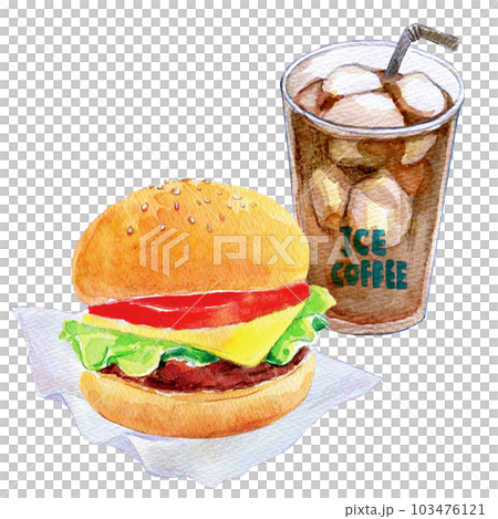 Hamburger and drink set watercolor illustration Hamburger and drink set watercolor illustration 103476121